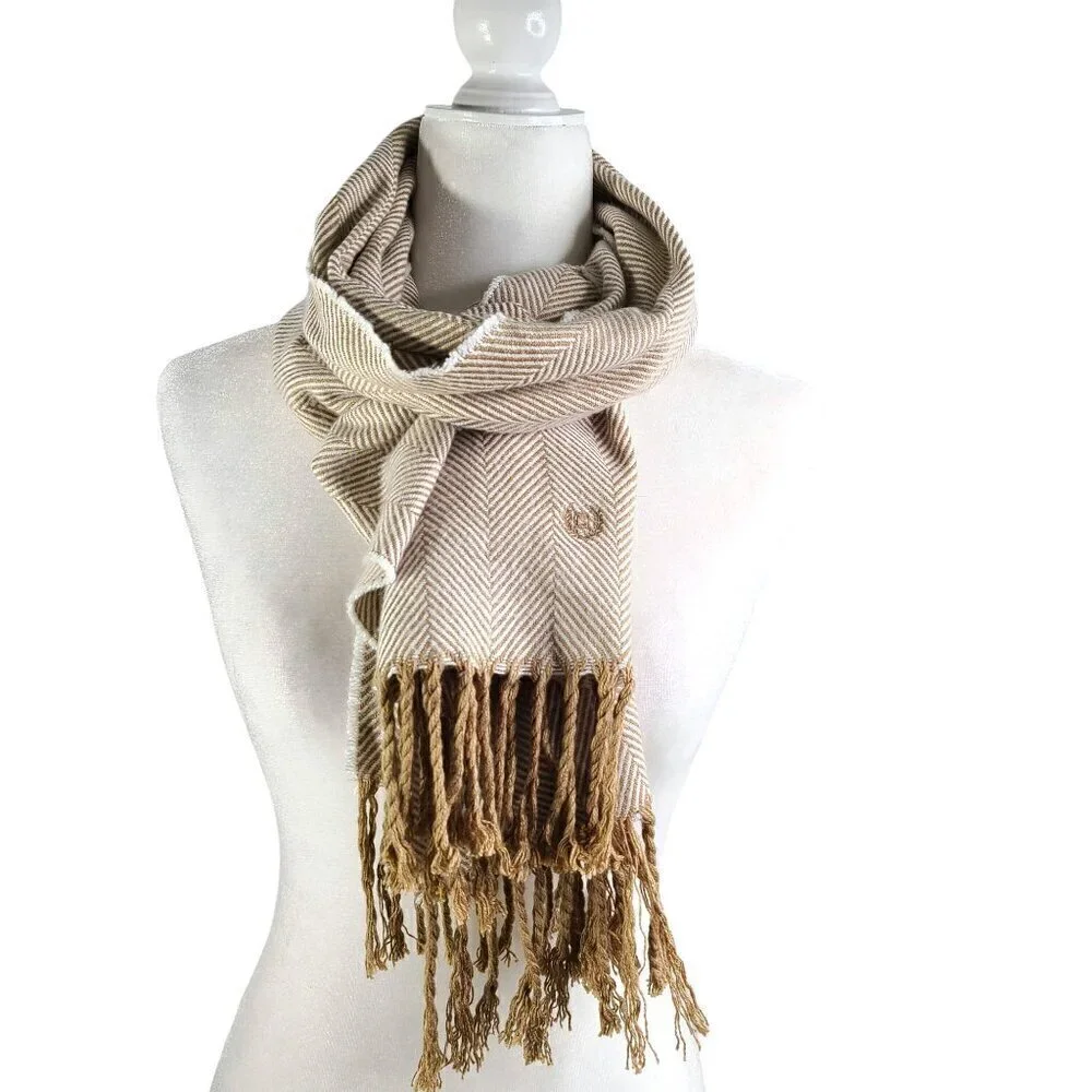 CHAPS White Caramel Brown Chevron Super Soft Fringe Scarf
